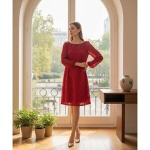 Taylor Red Lace Dress Sheer Neckline & Sleeves Above The Knee Feminine Style Siz